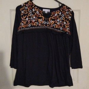 **SOLD**Rebecca Malone Blk blouse with fringe and decor Medium long sleeve